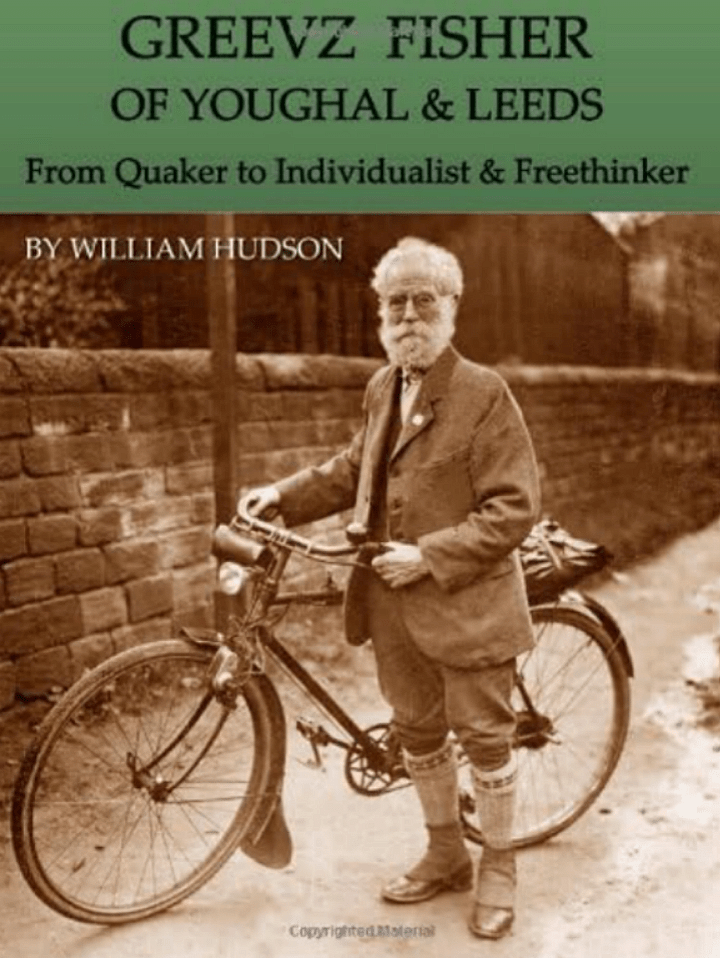 Front Cover of the book: Greevz Fisher of Youghal and Leeds, by William Hudson. Cover shows an elderly Greevz posing with his bicycle.