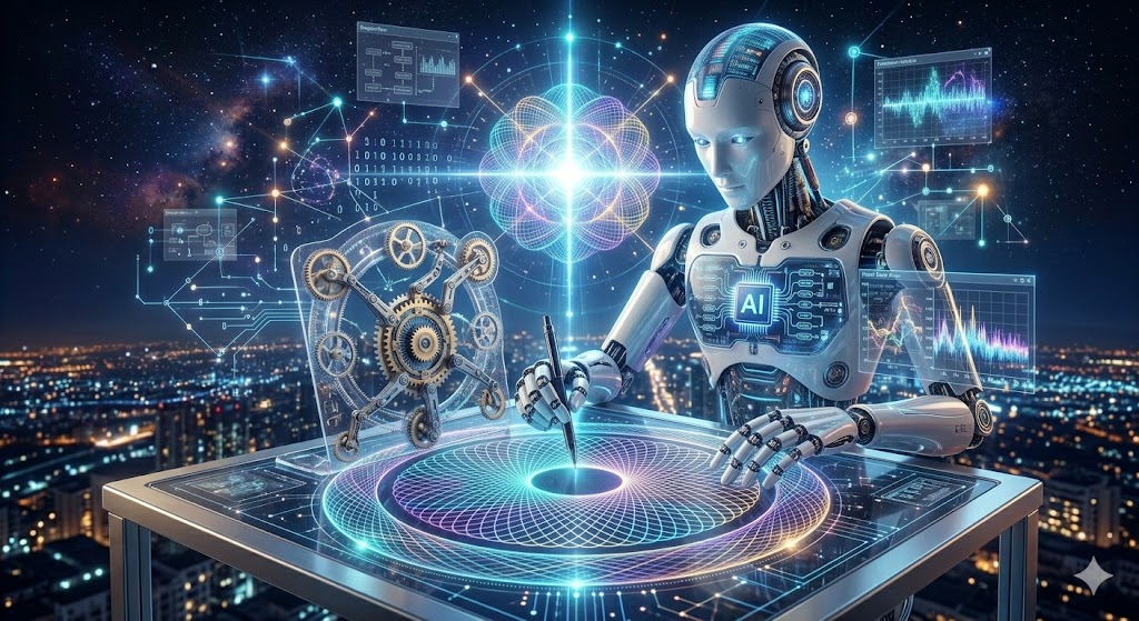 A humanoid robot drawing intricate neon spirograph patterns on a digital table overlooking a night city.